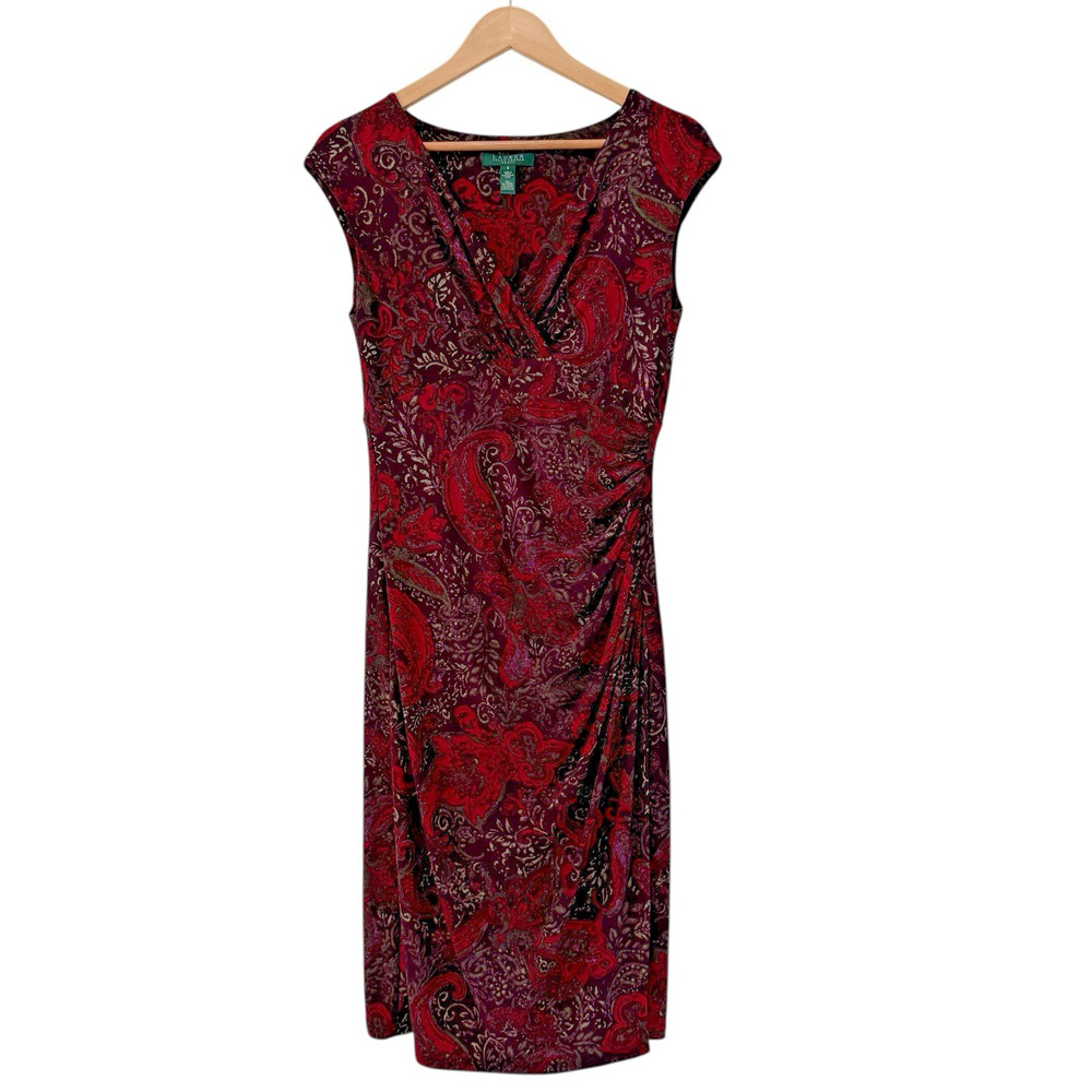 Ralph Lauren Side Ruched Faux Wrap Midi Dress Size 8 Paisley V Neck Liquid Knit